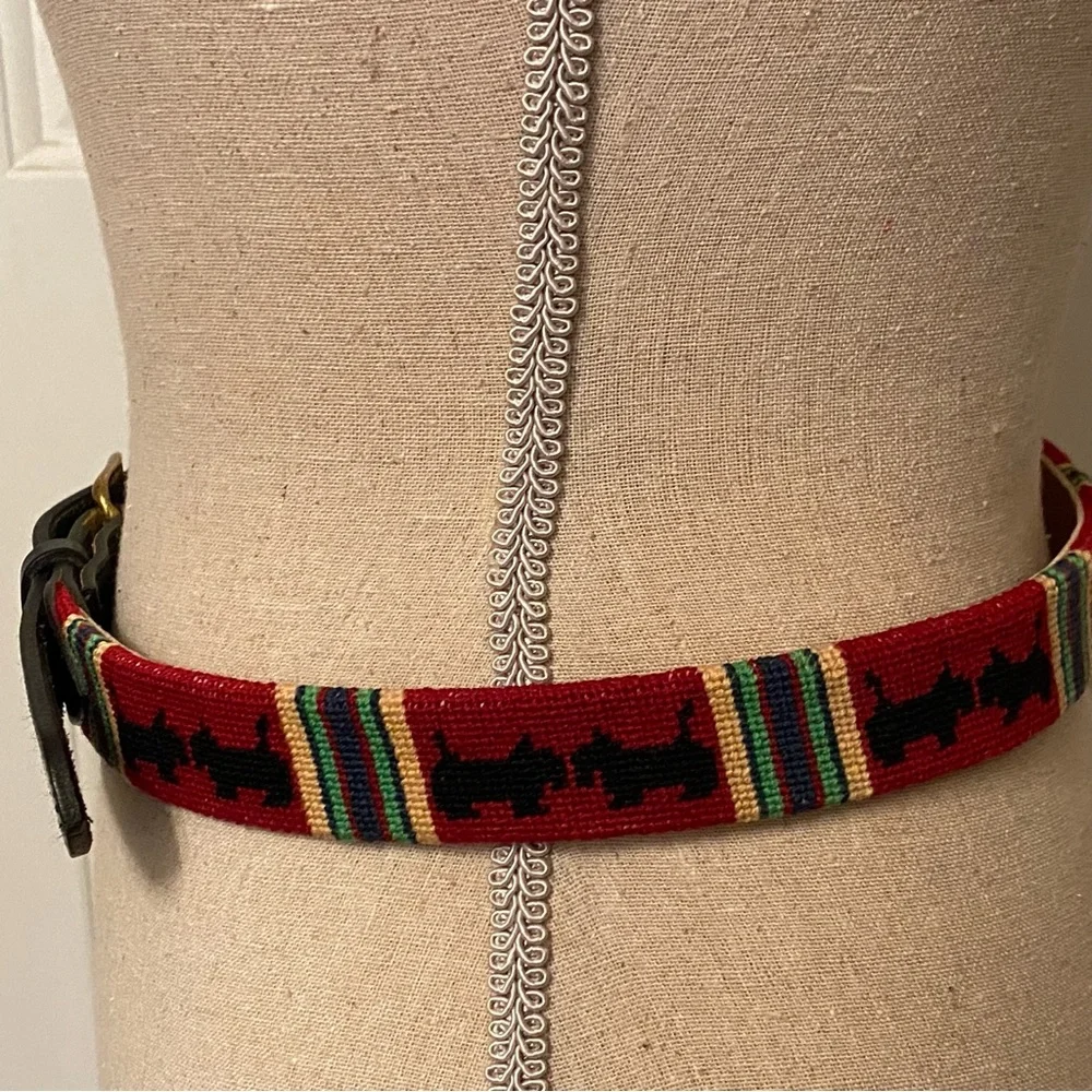 NEEDLEPOINT BELT HAND CRAFTED RED BLACK SCOTTIE DOGS TERRIER LEATHER SIZE 32